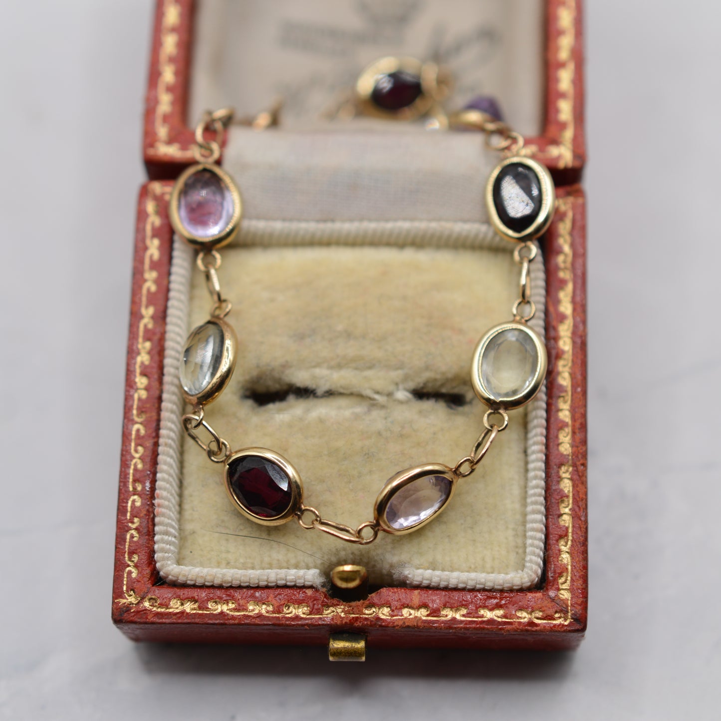 1970s Vintage 9ct Gold Aquamarine, Garnet & Amethyst Gemstone Bracelet (6.5”)