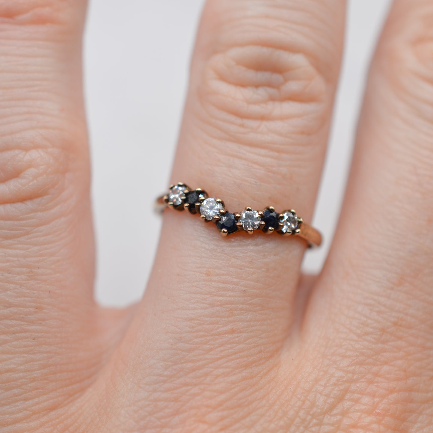 9ct Gold Sapphire & Cubic Zirconia Wishbone Ring