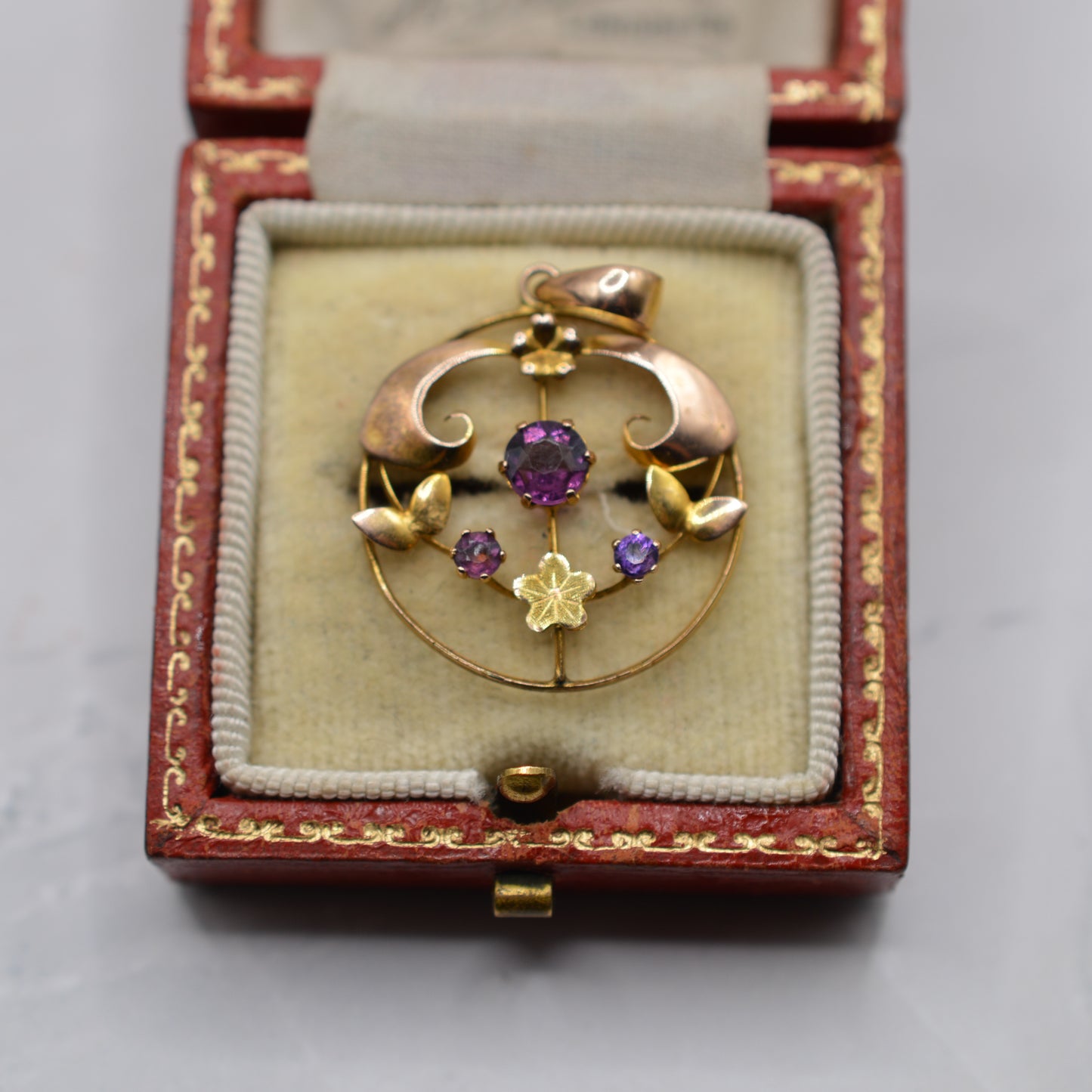 Antique Art Nouveau 9ct Gold Amethyst Floral Pendant