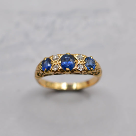 Antique Victorian 18ct Gold Sapphire & Diamond Seven-Stone Ring