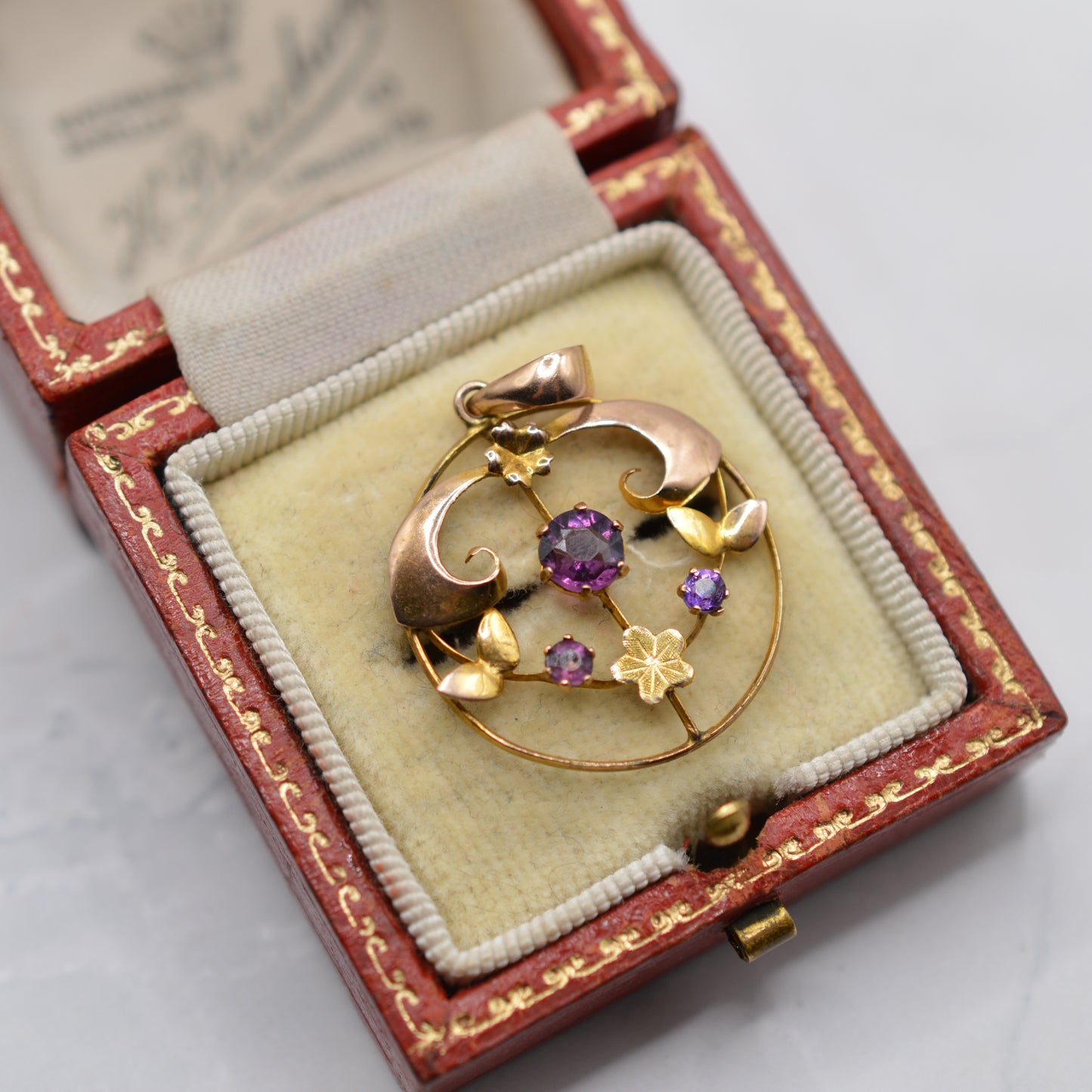 Antique Art Nouveau 9ct Gold Amethyst Floral Pendant