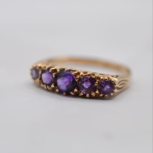 1980s Vintage 9ct Gold Amethyst Five-Stone Ring