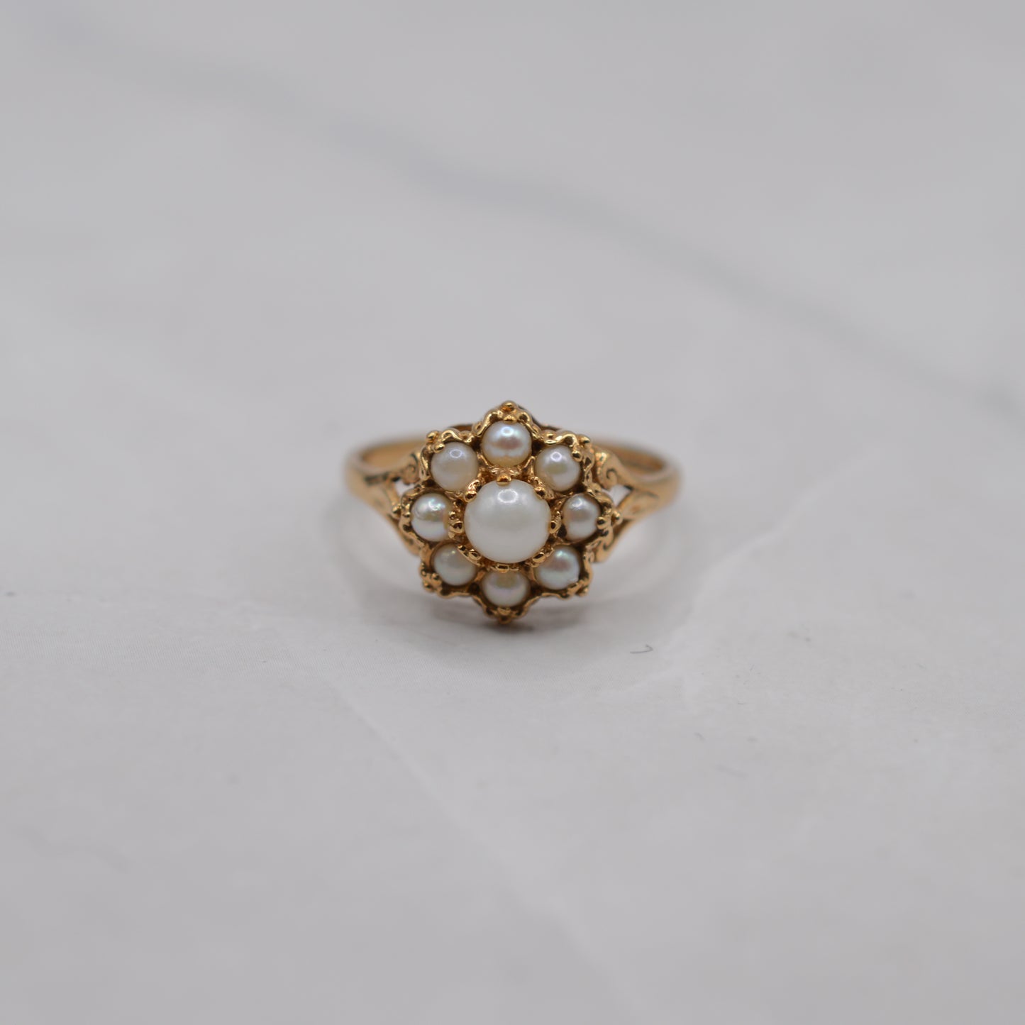 1980s 9ct Gold Pearl Floral Cluster Ring