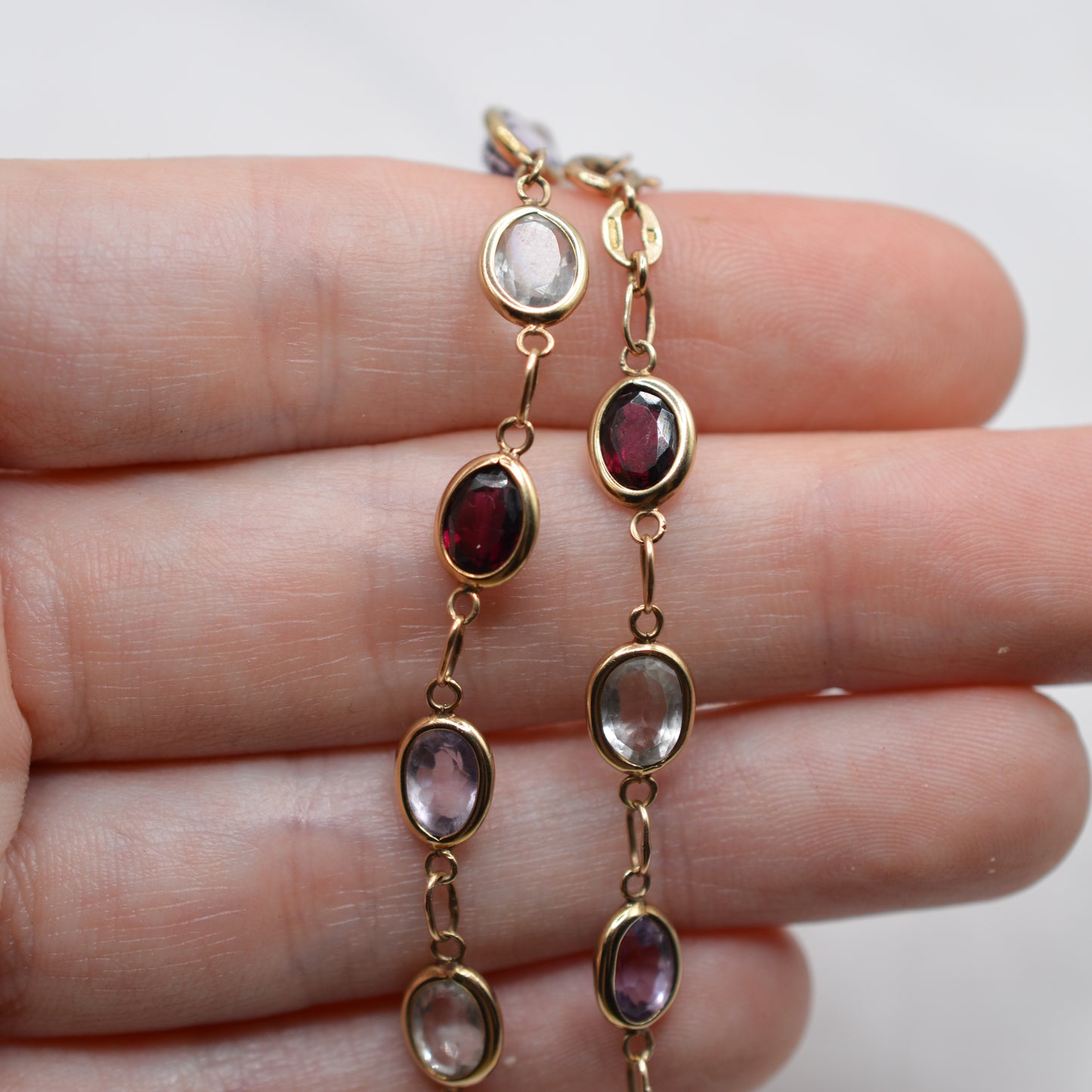 1970s Vintage 9ct Gold Aquamarine, Garnet & Amethyst Gemstone Bracelet (6.5”)