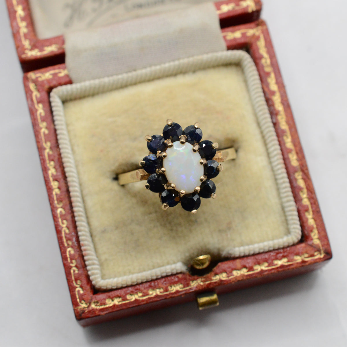 1970s Vintage 9ct Gold Opal & Sapphire Cluster Ring