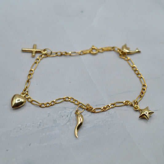 9ct Gold Five-Charm Figaro Bracelet (7”)