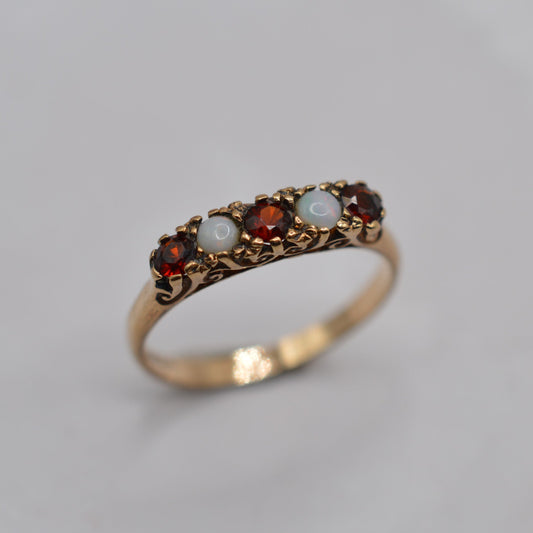 Vintage 9ct Gold Opal & Garnet Five-Stone Ring