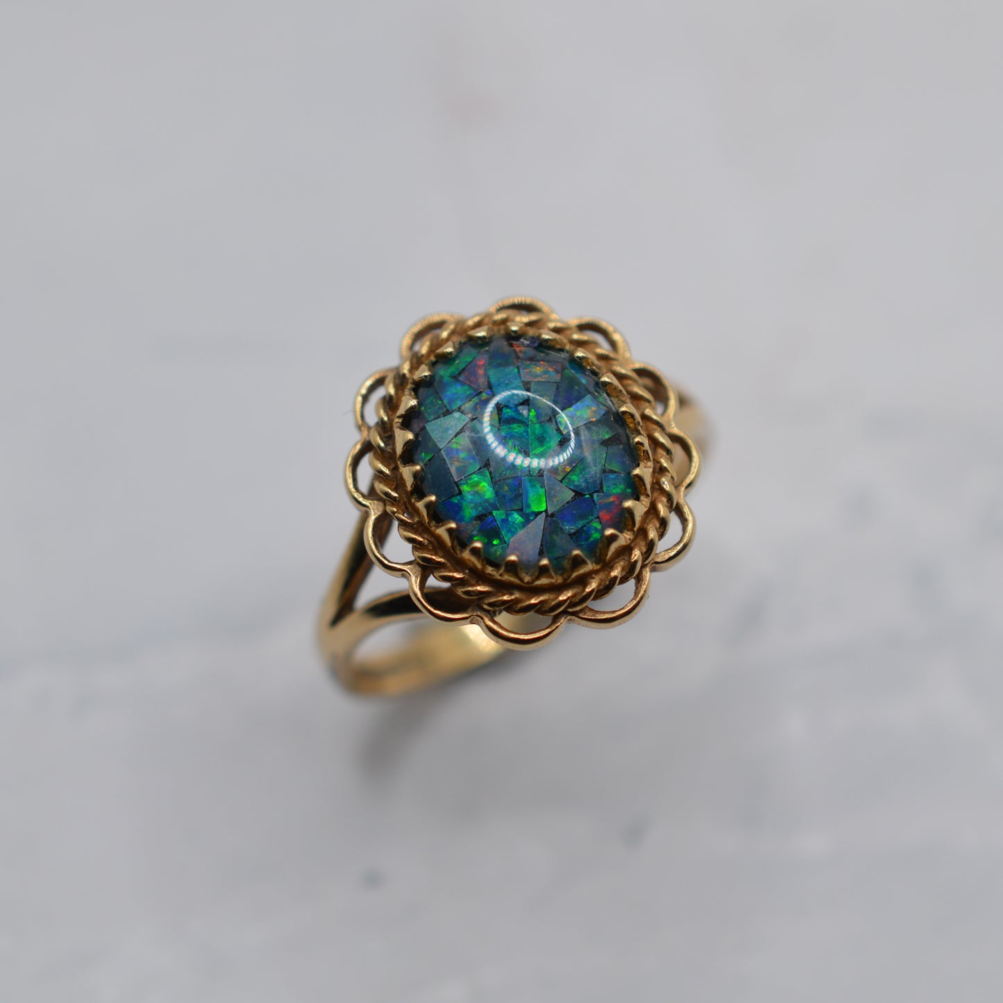 1990s Vintage 9ct Gold Mosaic Opal Ring