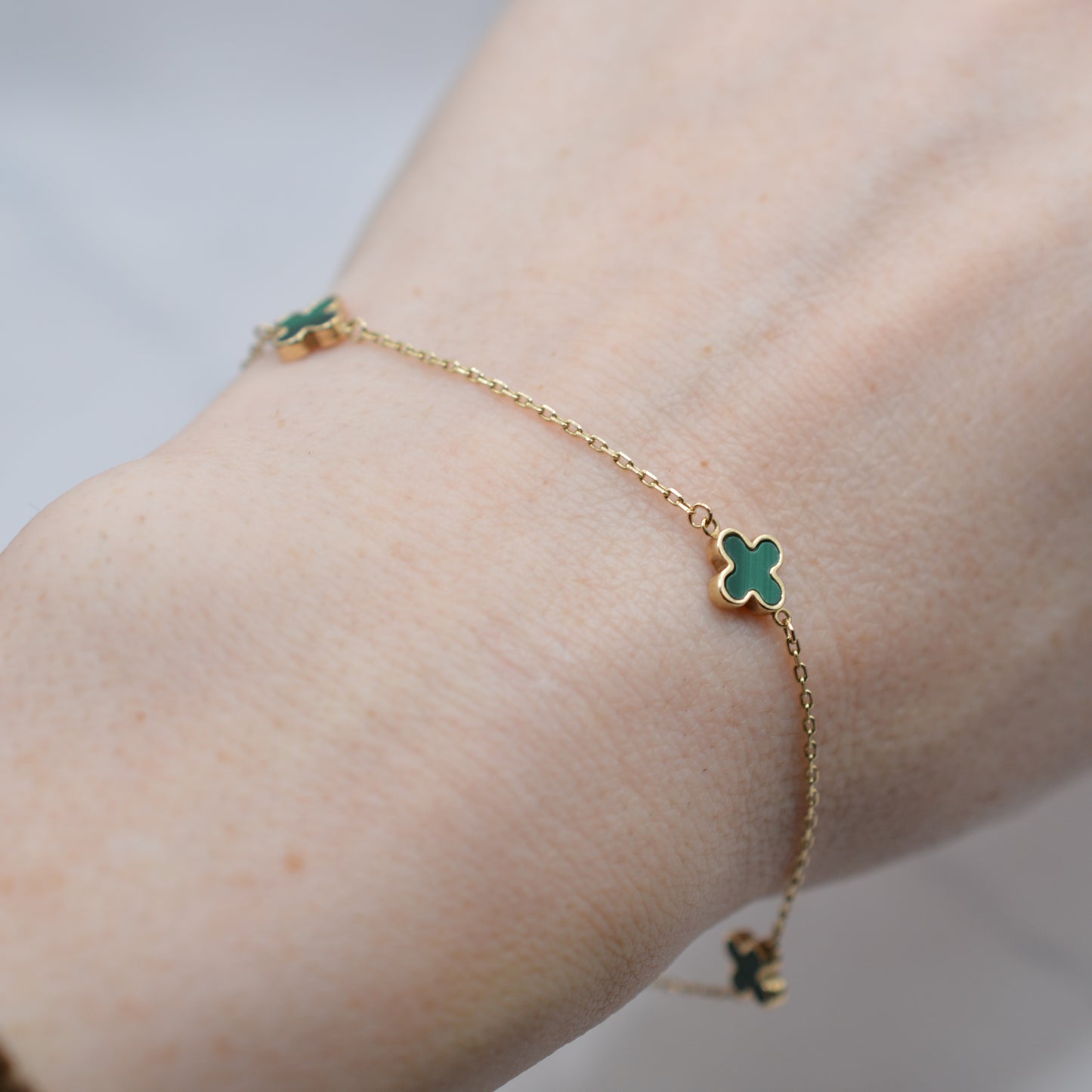 9ct Gold Malachite Clover Quatrefoil Bracelet (7–7.4")
