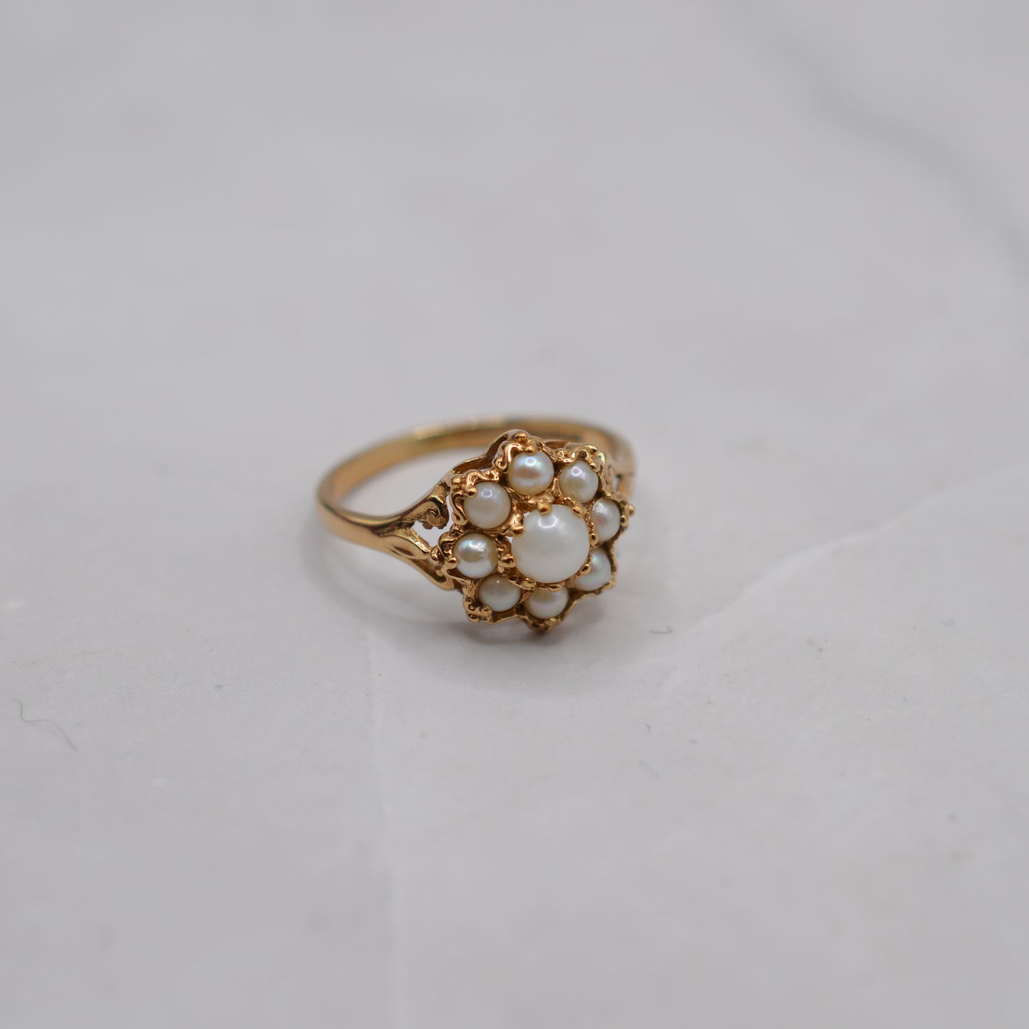 1980s 9ct Gold Pearl Floral Cluster Ring