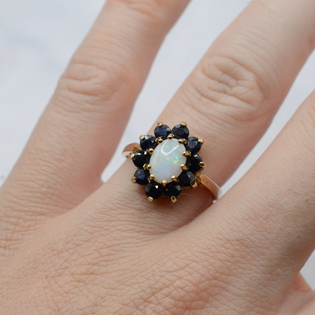 1970s Vintage 9ct Gold Opal & Sapphire Cluster Ring