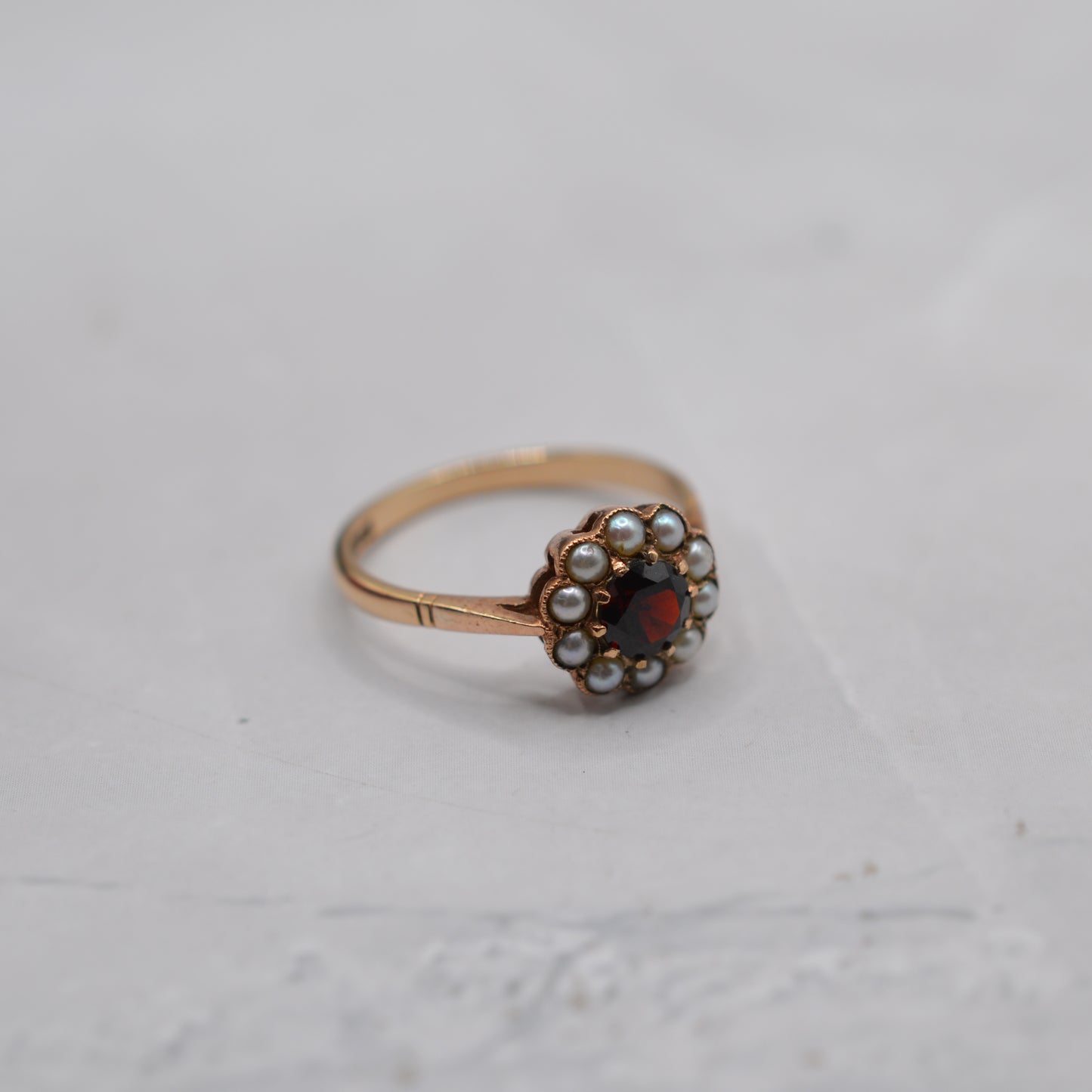 1960s Vintage 9ct Gold Garnet & Pearl Floral Cluster Ring