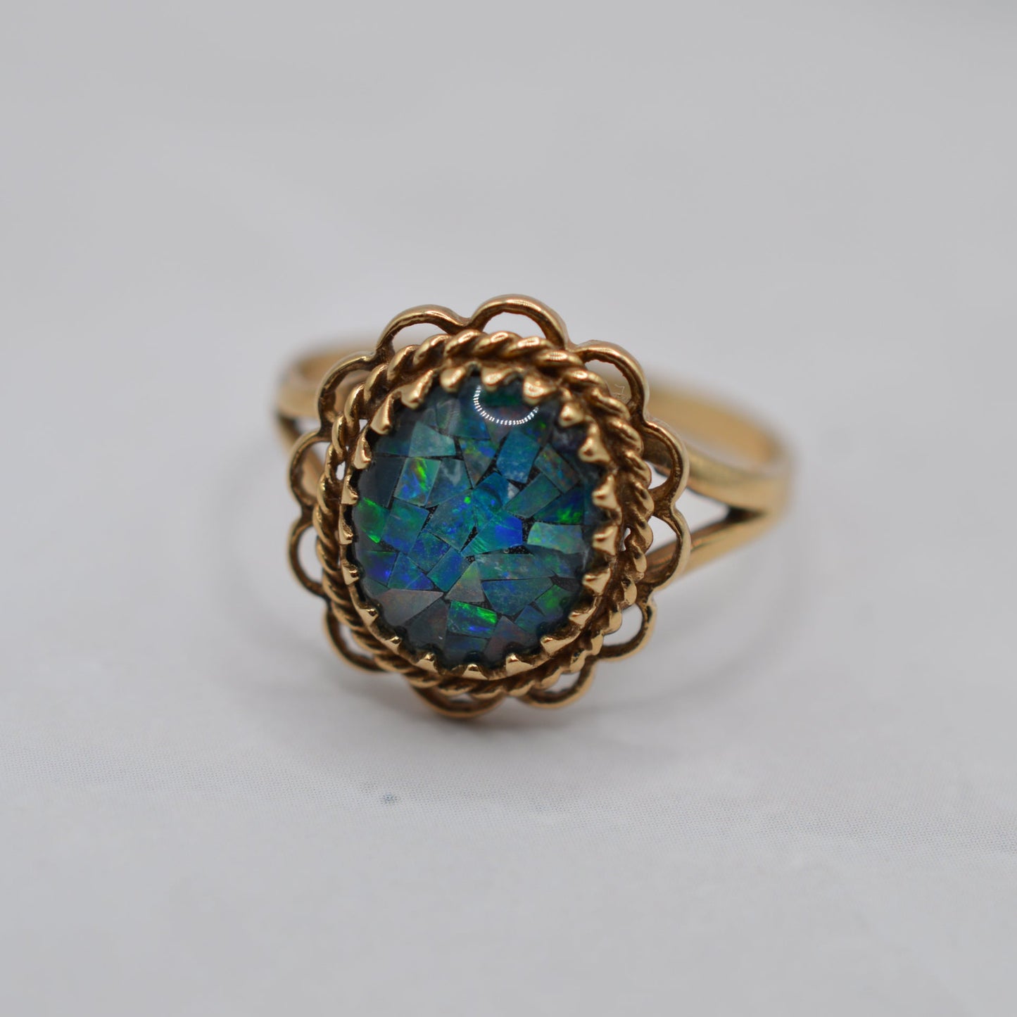 1990s Vintage 9ct Gold Mosaic Opal Ring