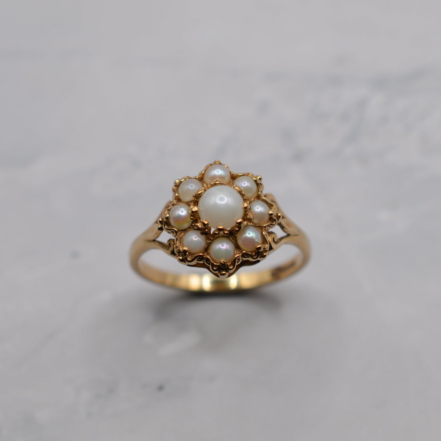 1980s 9ct Gold Pearl Floral Cluster Ring