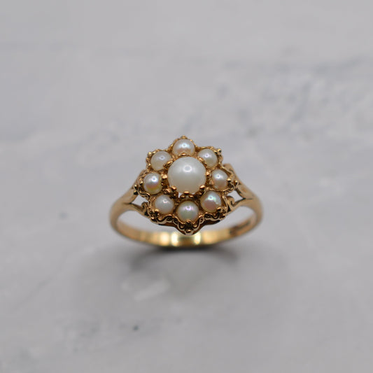 1980s 9ct Gold Pearl Floral Cluster Ring