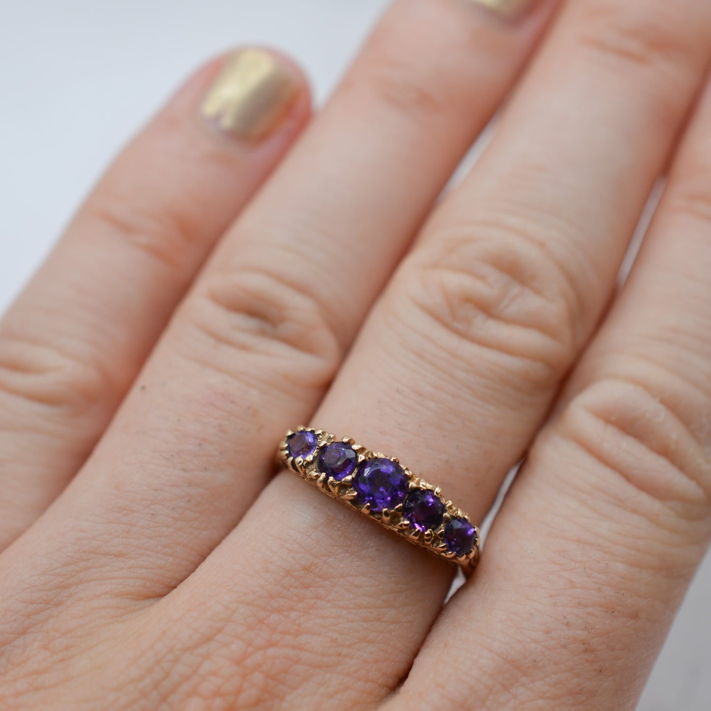 1980s Vintage 9ct Gold Amethyst Five-Stone Ring