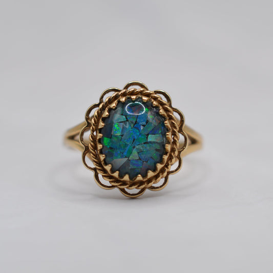 1990s Vintage 9ct Gold Mosaic Opal Ring