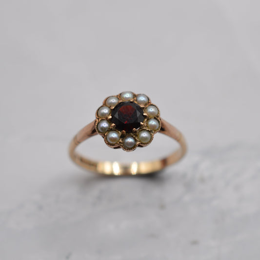 1960s Vintage 9ct Gold Garnet & Pearl Floral Cluster Ring
