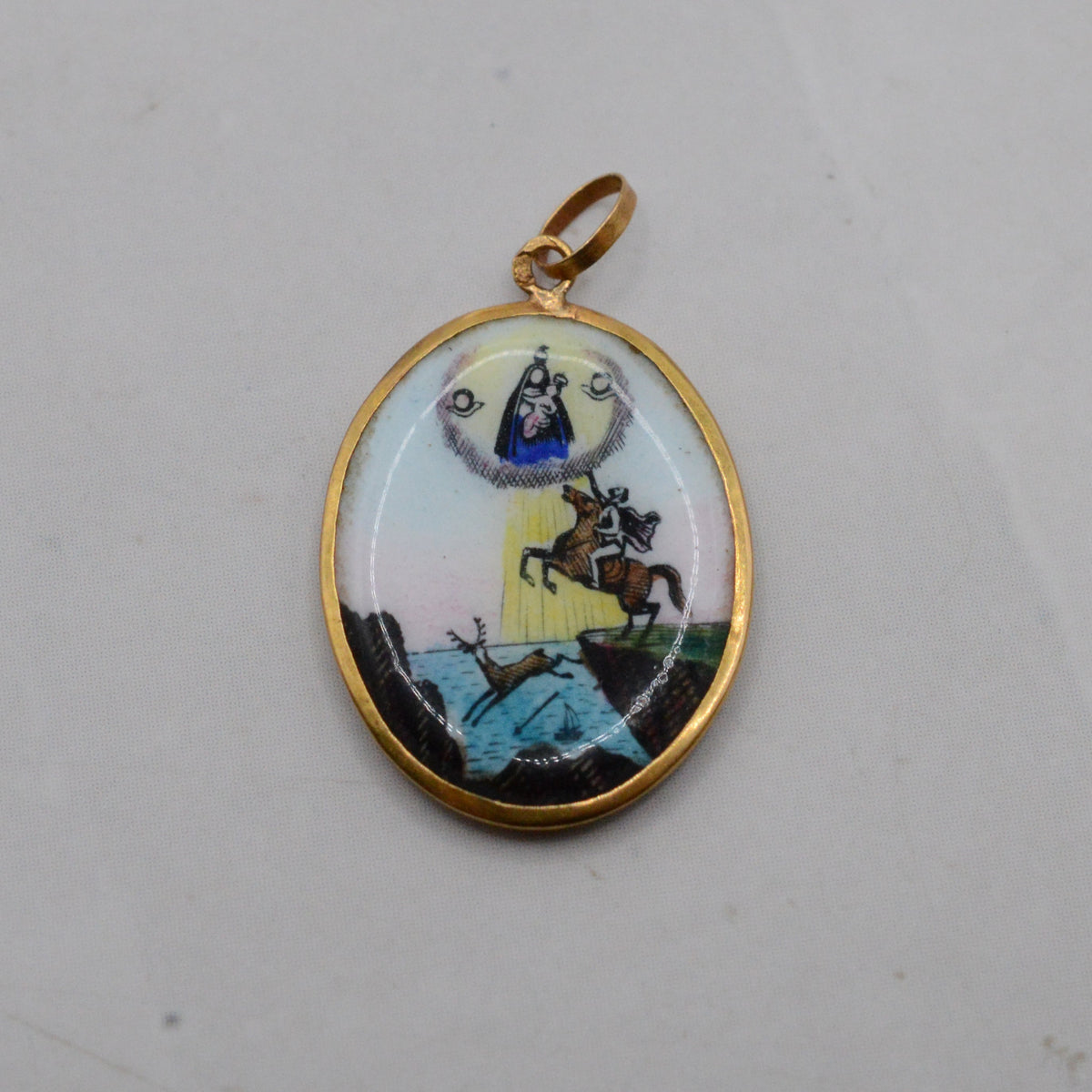 Portuguese 19.2ct Gold Enamel 'Our Lady of Nazaré' Pendant