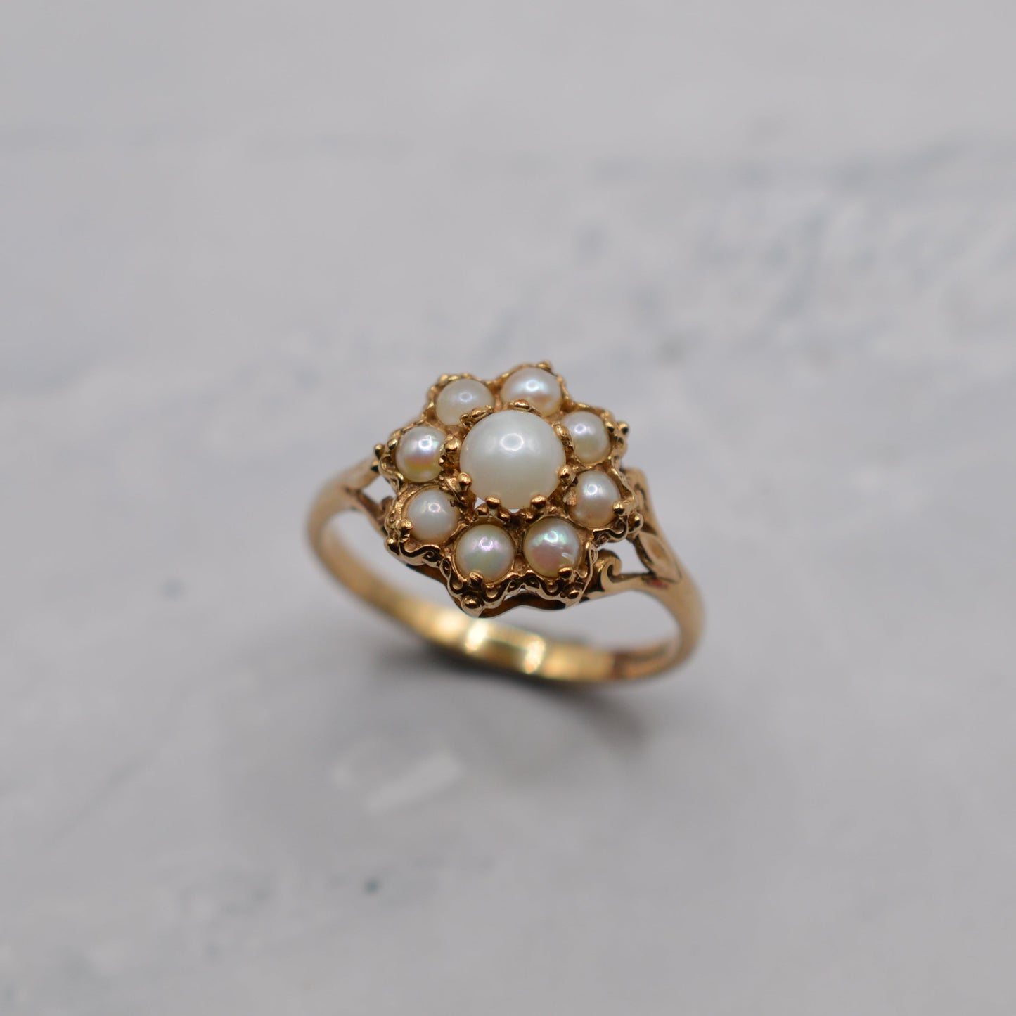 1980s 9ct Gold Pearl Floral Cluster Ring