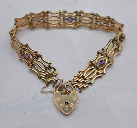 Heavy Chunky 9ct Gold Amethyst Fancy Link Bracelet with Heart Padlock Clasp