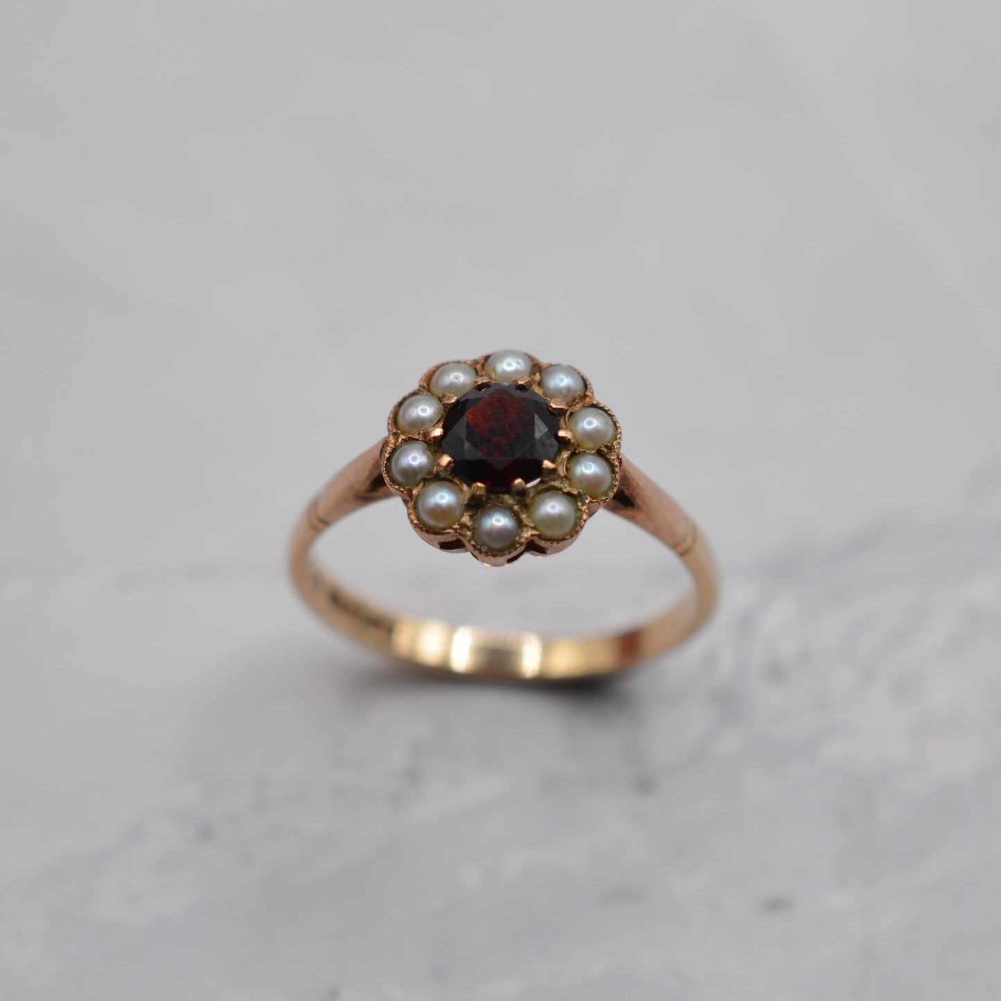 1960s Vintage 9ct Gold Garnet & Pearl Floral Cluster Ring