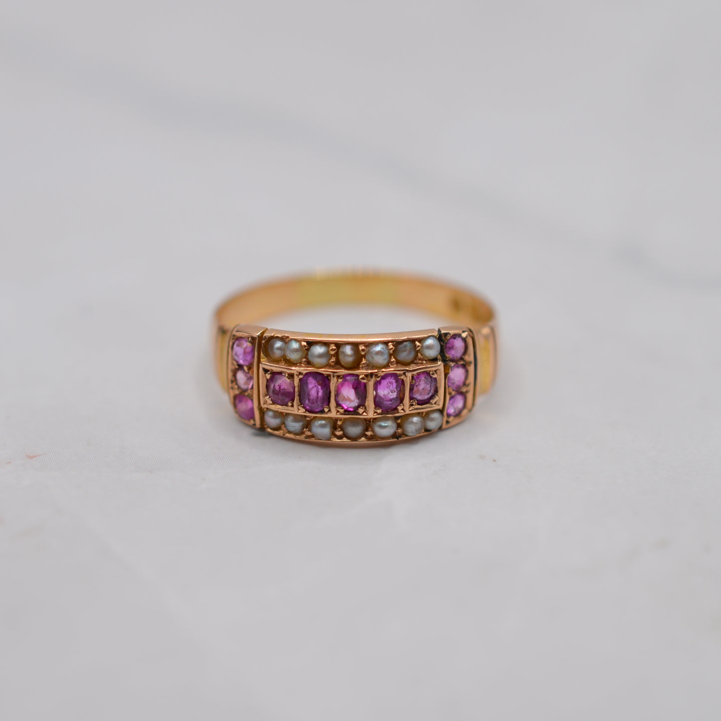 Antique 1886 Victorian 18ct Gold Ruby & Pearl Ring