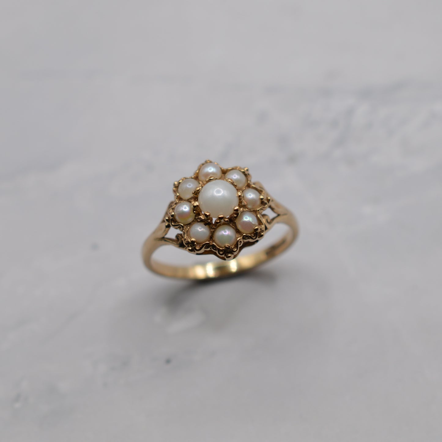 1980s 9ct Gold Pearl Floral Cluster Ring