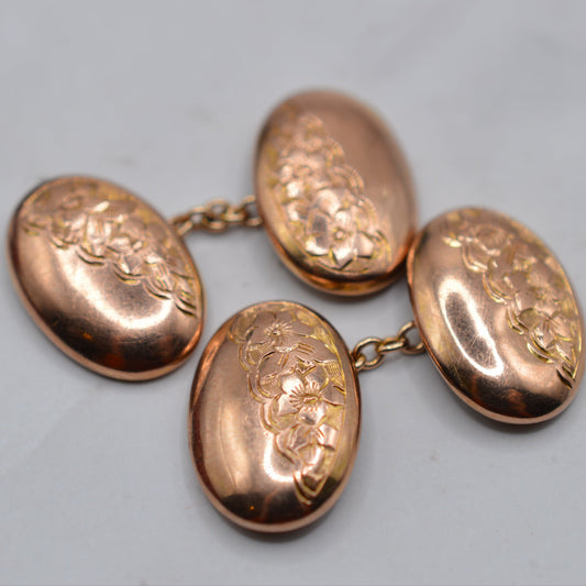 Antique 1920s 9ct Rose Gold Engraved Cufflinks with Presentation Box