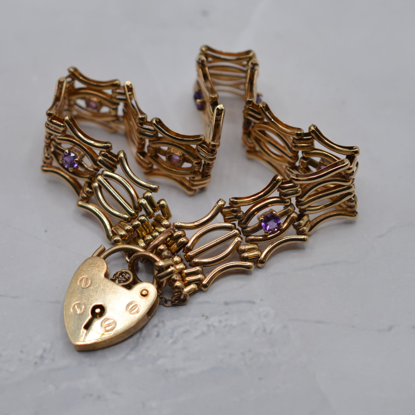 Heavy Chunky 9ct Gold Amethyst Fancy Link Bracelet with Heart Padlock Clasp