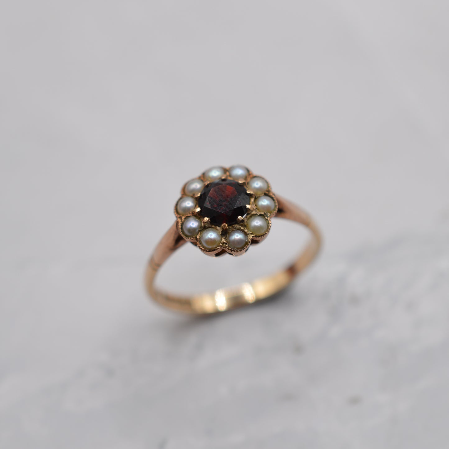 1960s Vintage 9ct Gold Garnet & Pearl Floral Cluster Ring