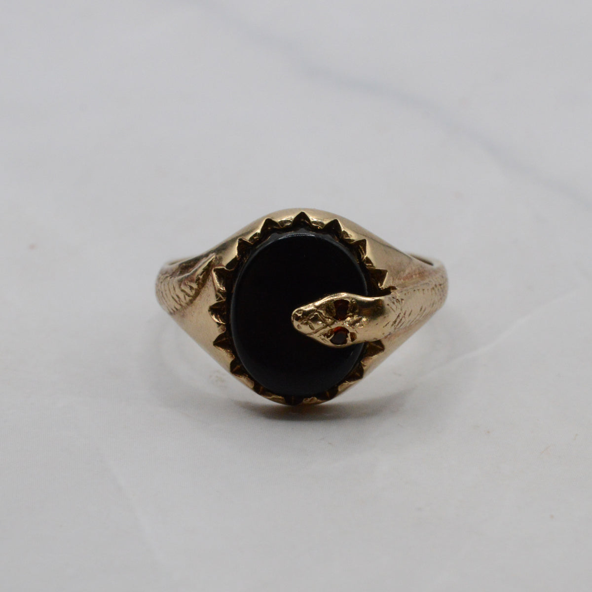 9ct Gold Onyx & Garnet Snake Signet Ring