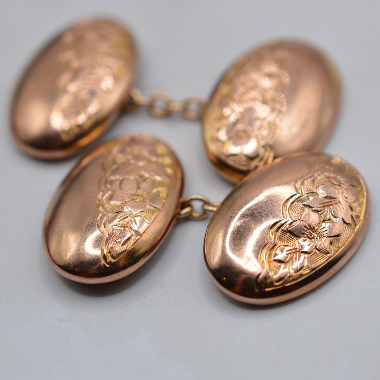 Antique 1920s 9ct Rose Gold Engraved Cufflinks with Presentation Box