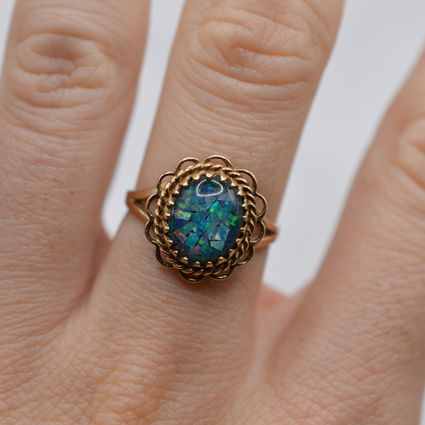 1990s Vintage 9ct Gold Mosaic Opal Ring