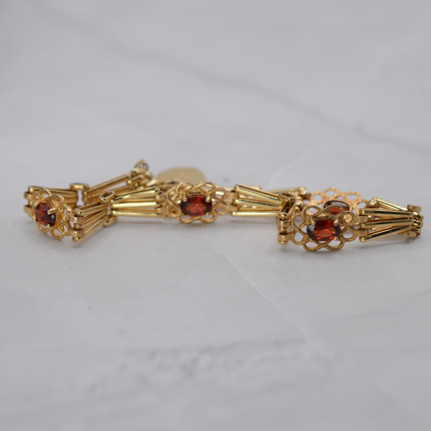9ct Gold Garnet Gate Bracelet with Heart Padlock & Safety Chain (7")