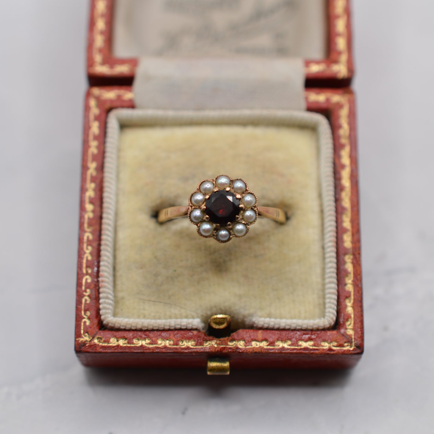 1960s Vintage 9ct Gold Garnet & Pearl Floral Cluster Ring