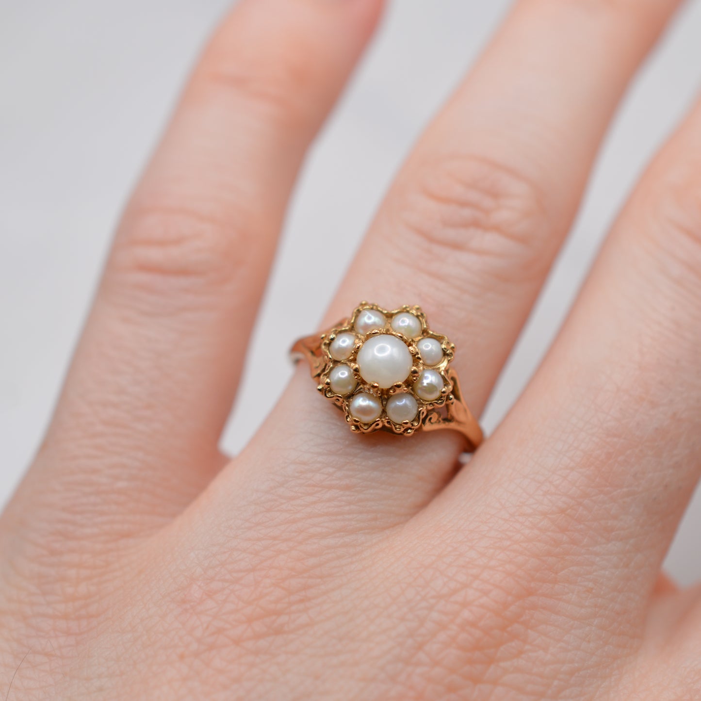 1980s 9ct Gold Pearl Floral Cluster Ring