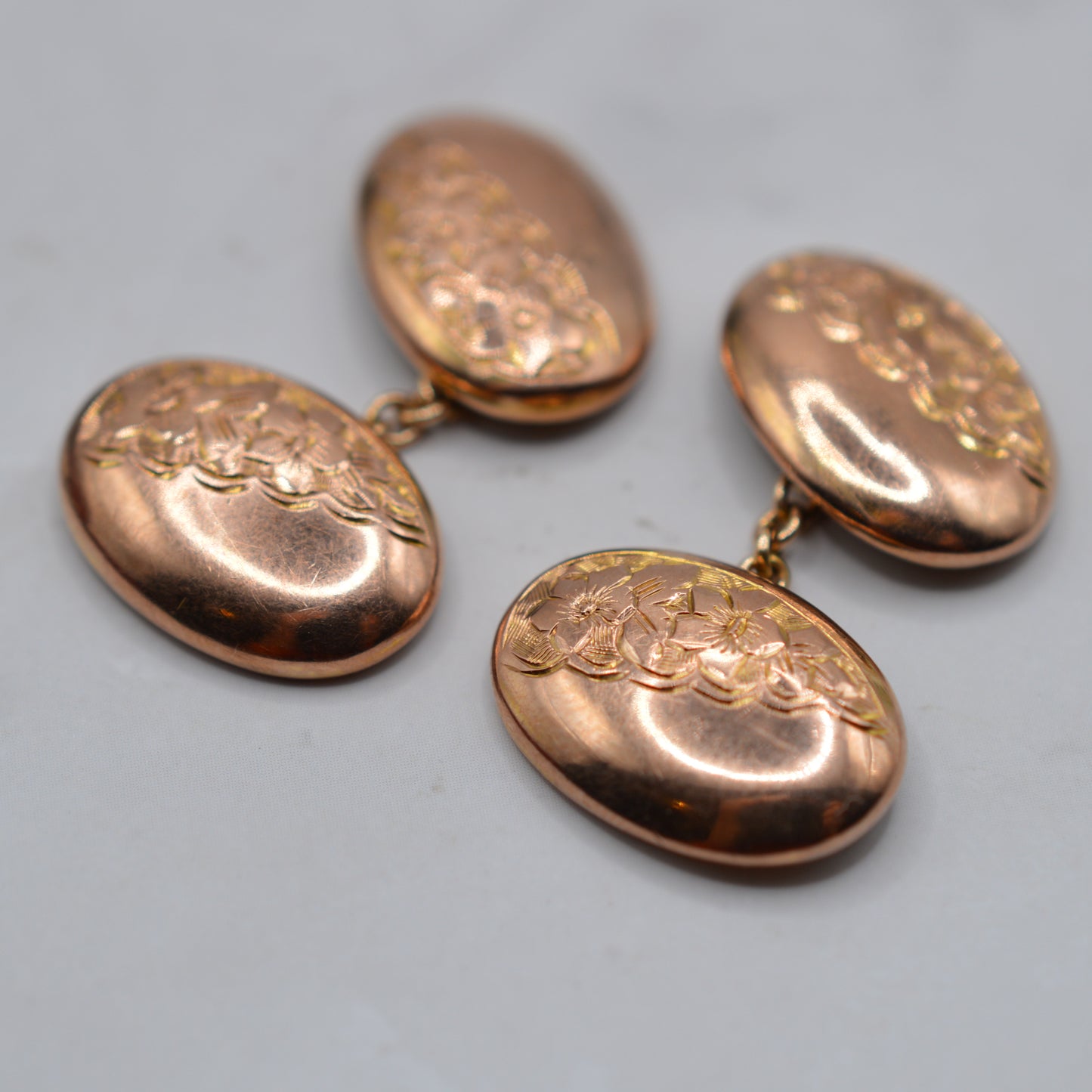 Antique 1920s 9ct Rose Gold Engraved Cufflinks with Presentation Box
