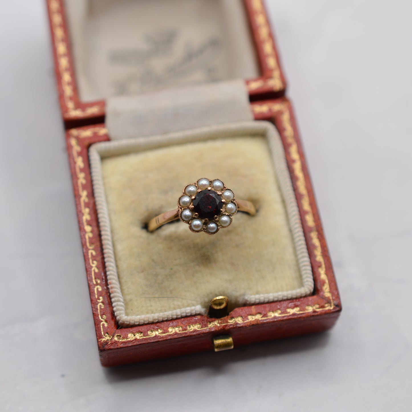 1960s Vintage 9ct Gold Garnet & Pearl Floral Cluster Ring
