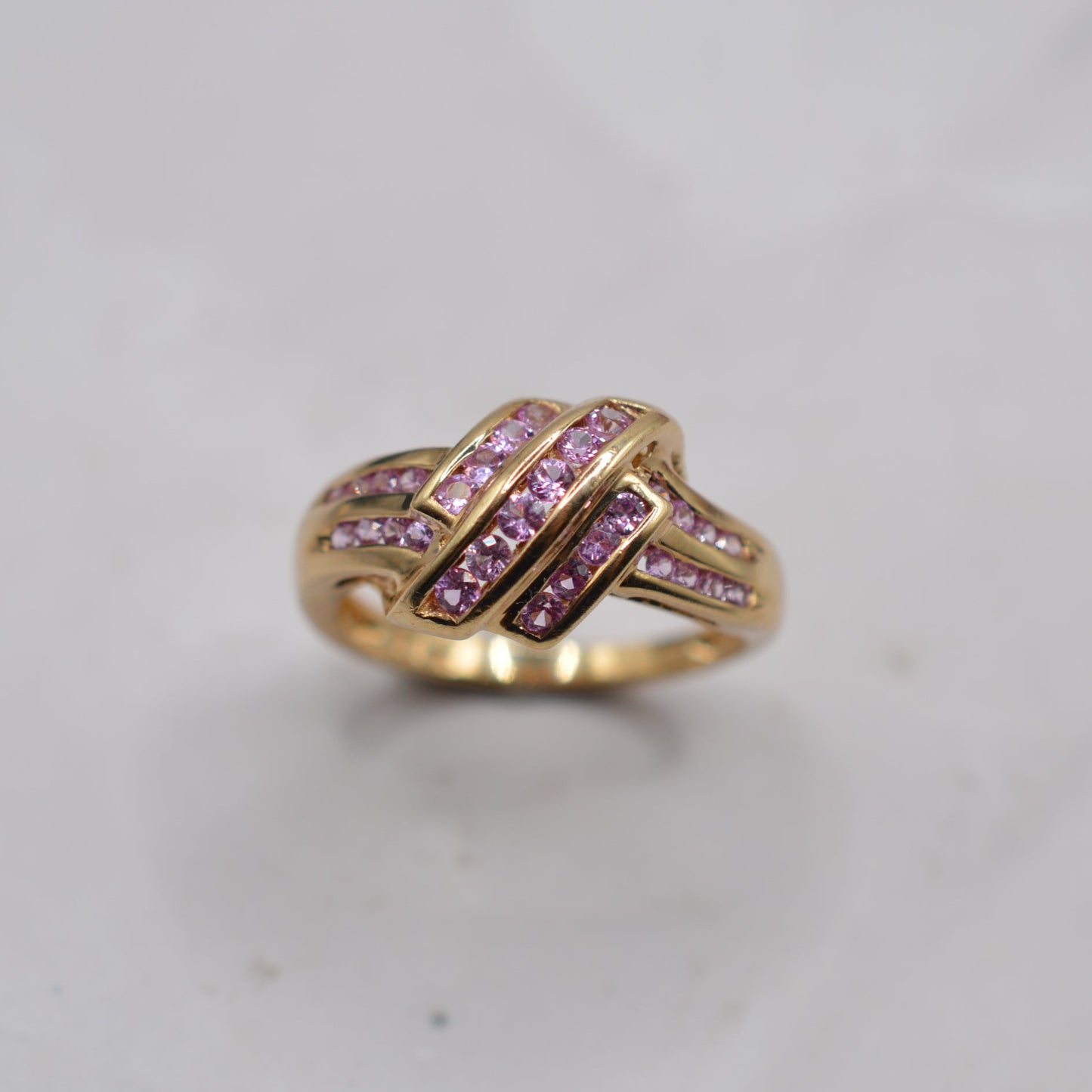Y2K Chunky 9ct Gold Pink Topaz Crossover Ring