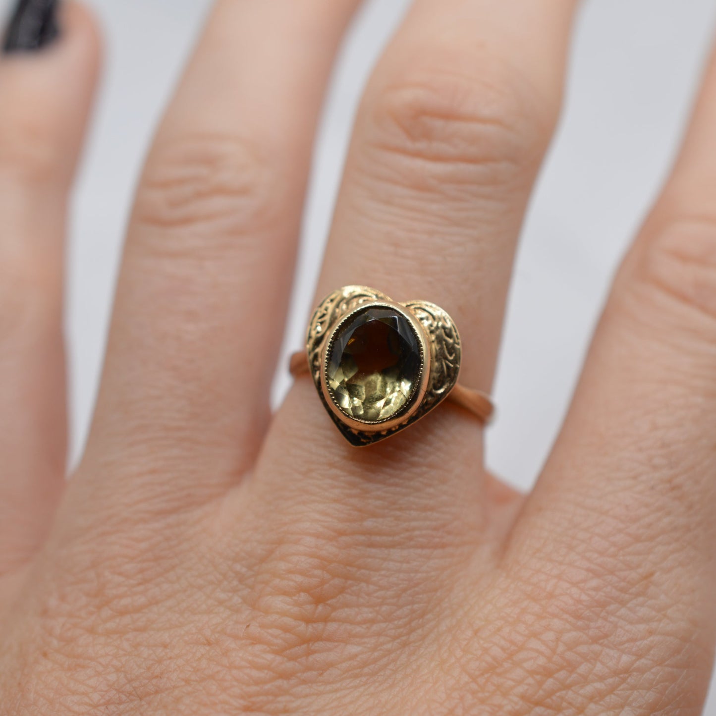 1970s Chunky Vintage 9ct Gold Citrine Heart Ring