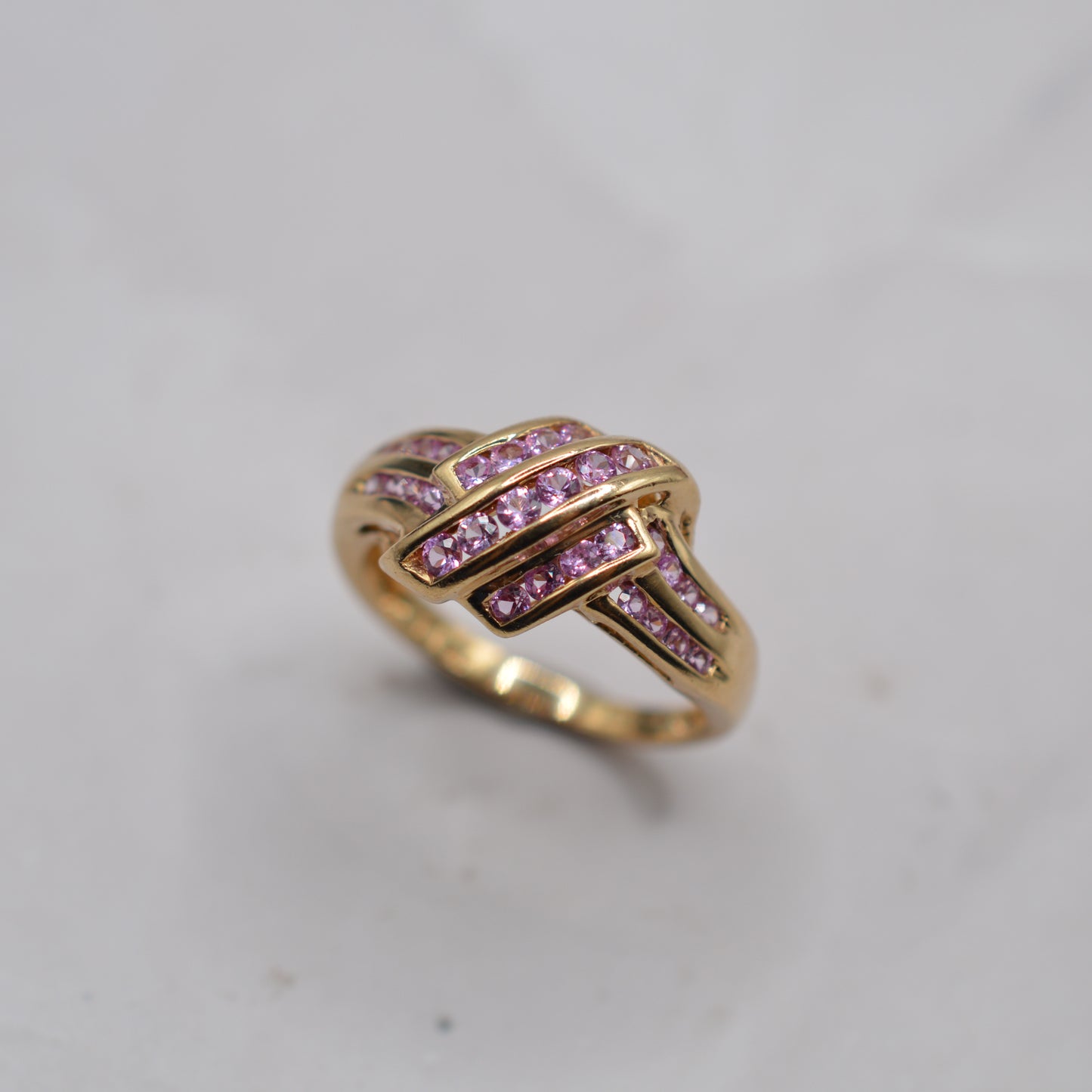 Y2K Chunky 9ct Gold Pink Topaz Crossover Ring