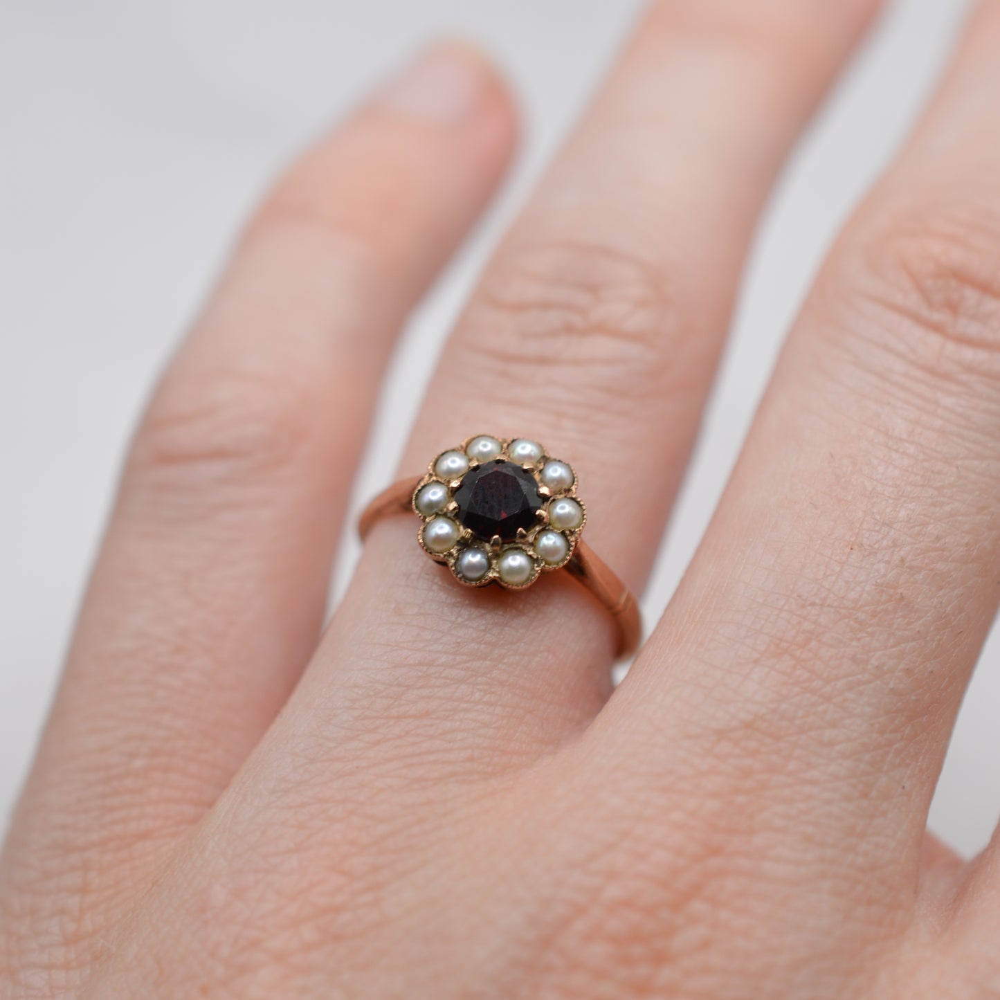 1960s Vintage 9ct Gold Garnet & Pearl Floral Cluster Ring