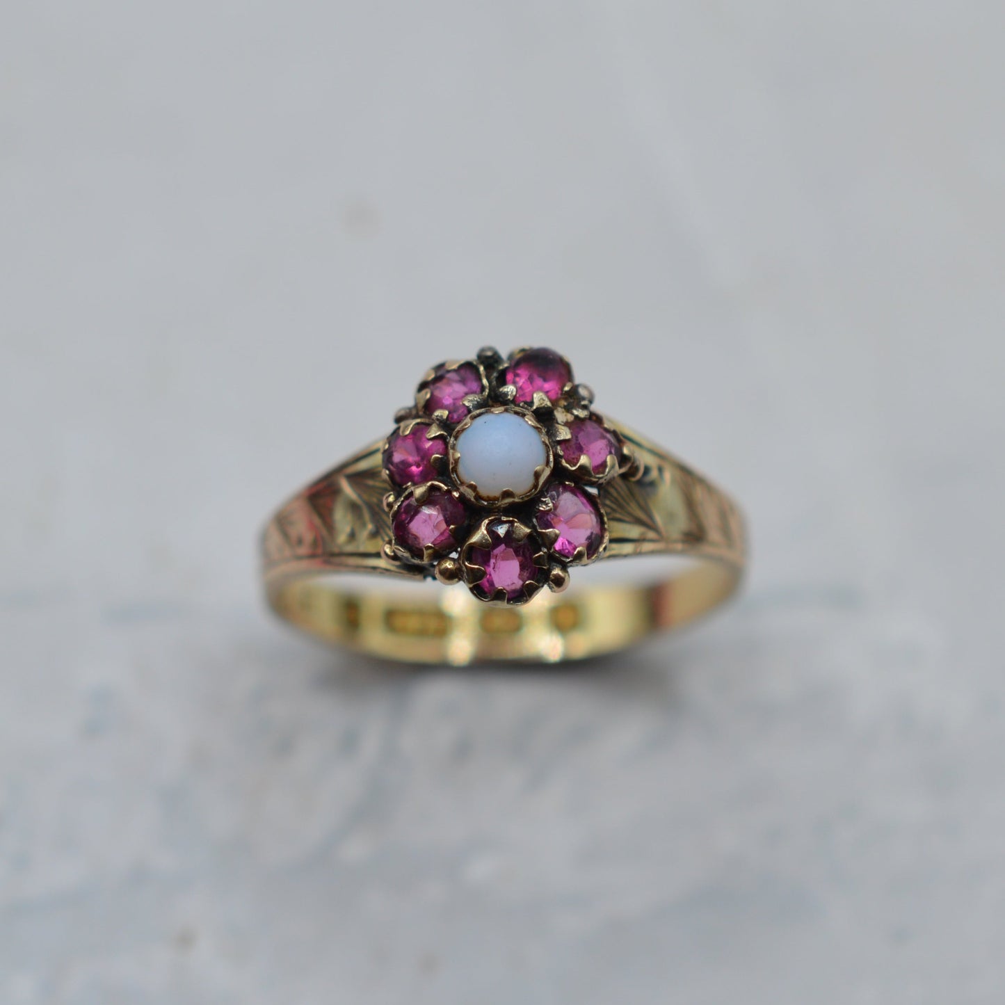 Victorian Antique 9ct Gold Opal & Ruby Cluster Ring