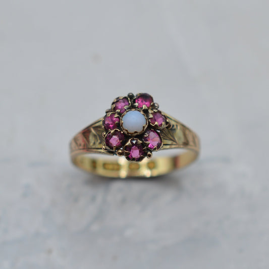 Victorian Antique 9ct Gold Opal & Ruby Cluster Ring