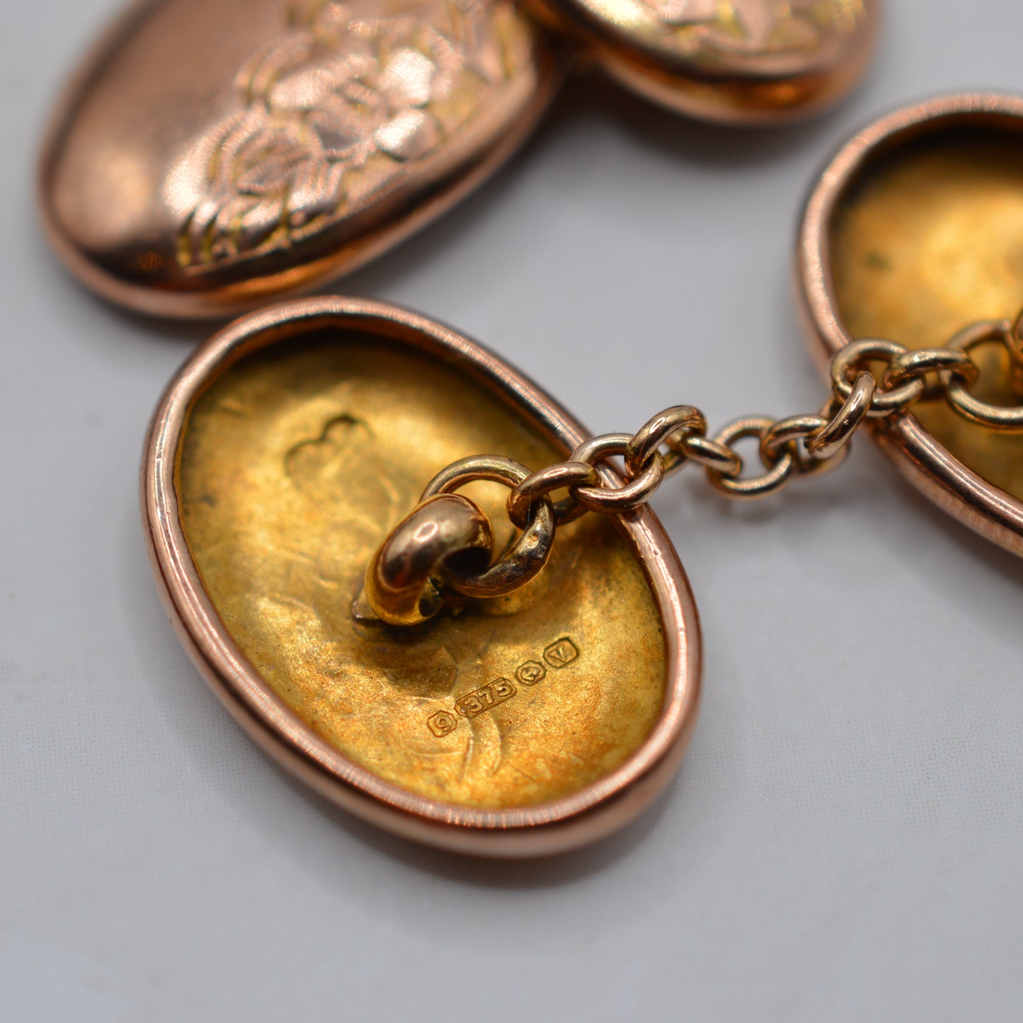 Antique 1920s 9ct Rose Gold Engraved Cufflinks with Presentation Box