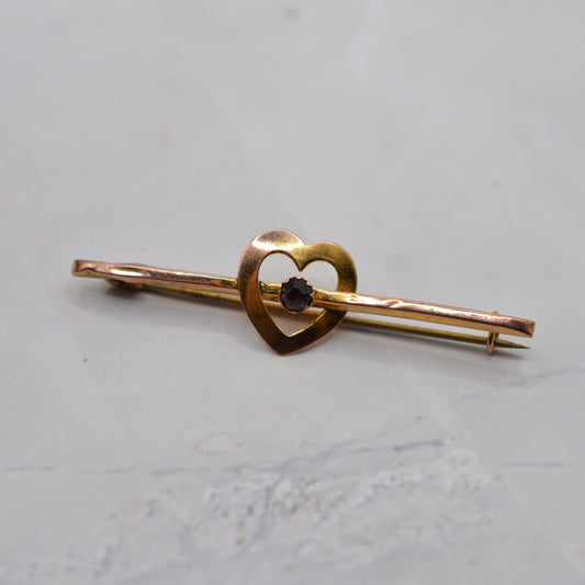 Antique Victorian 9ct Gold Paste Heart Bar Brooch