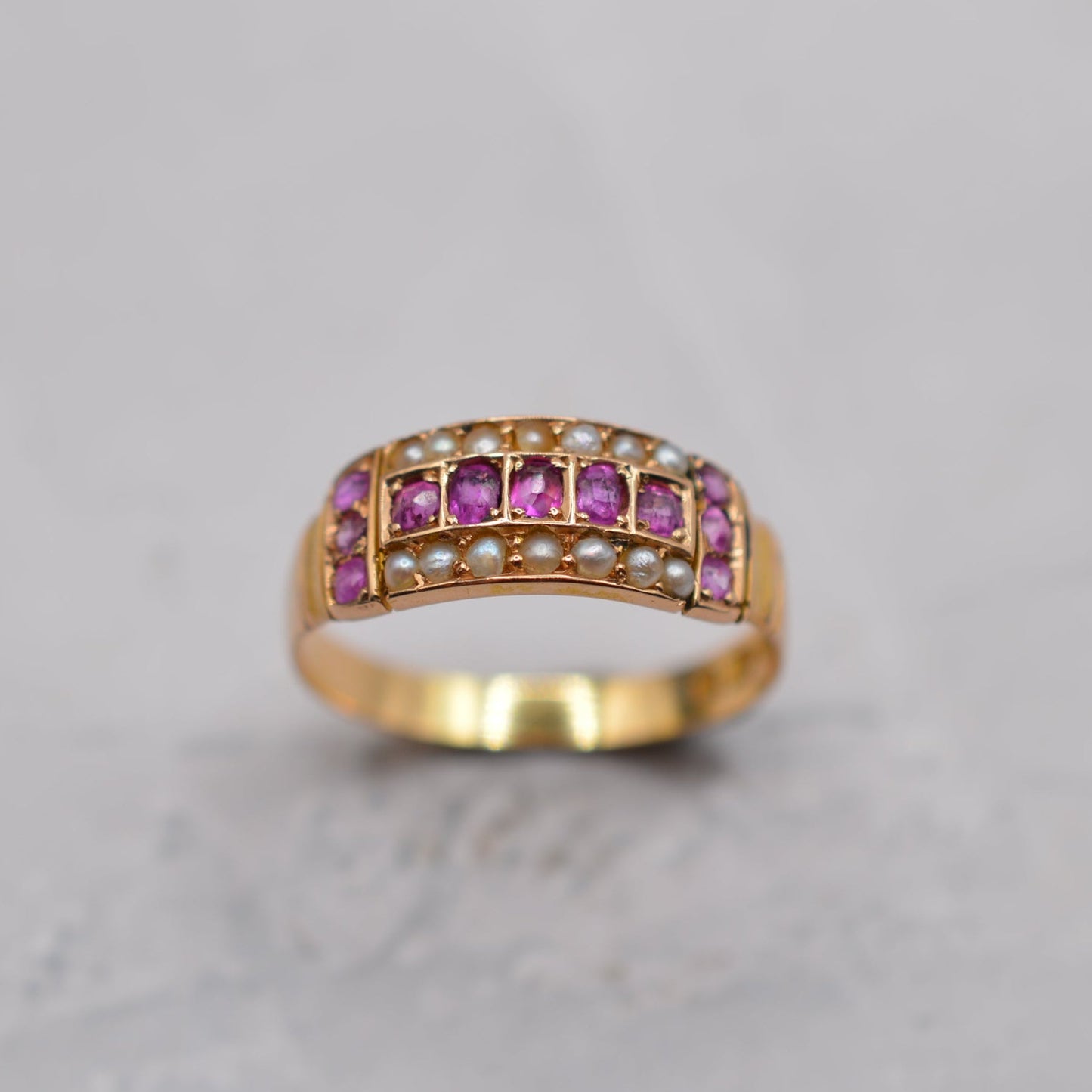 Antique 1886 Victorian 18ct Gold Ruby & Pearl Ring