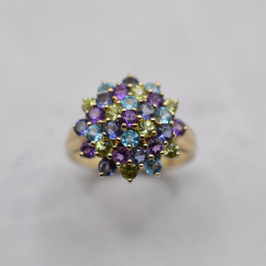 Chunky Y2K 9ct Gold Multi-Gem Cluster Ring – Amethyst, Peridot, Topaz & Iolite
