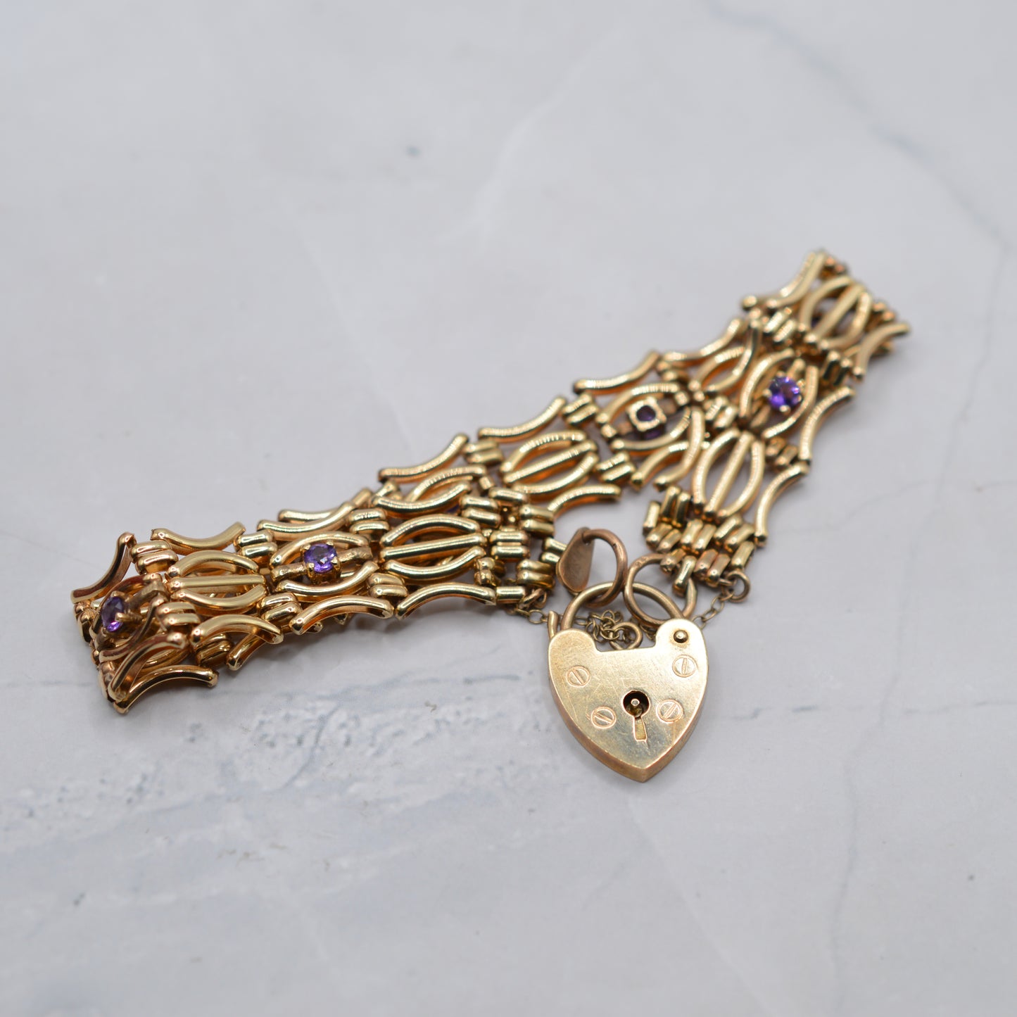 Heavy Chunky 9ct Gold Amethyst Fancy Link Bracelet with Heart Padlock Clasp